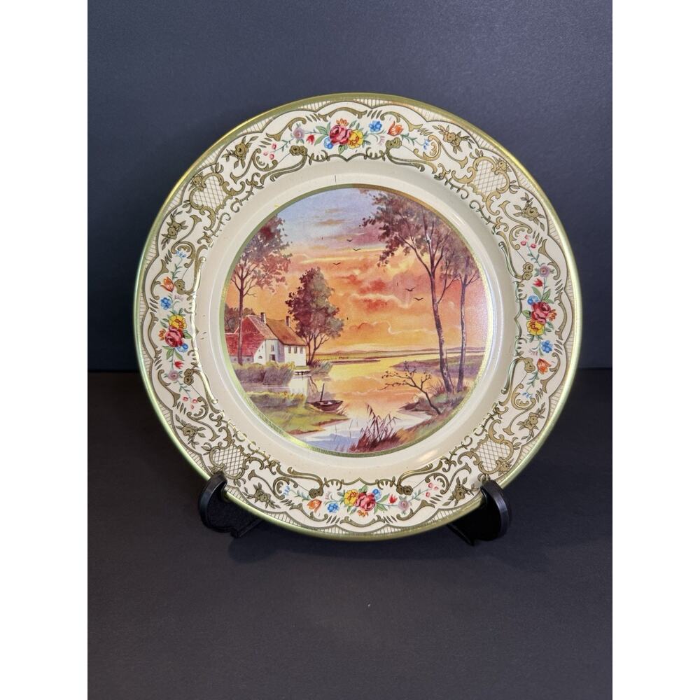 Vintage Daher Decorated Ware Tin Plate Holland Cottage Sunset Scene 8”
